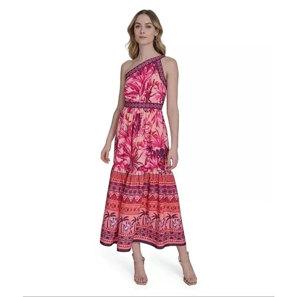 Eliza J Asymmetrical Mixed-Print One-Shoulder Tiered Midi Dress Purple 14